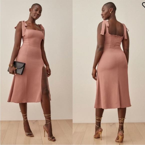 Reformation Dress Twilight Midi Sleeve Tie in Praline Pink - Picture 4 of 9